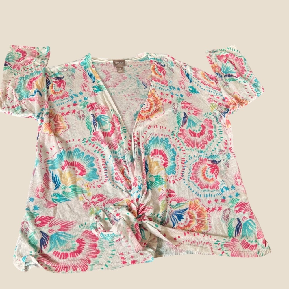 Chico's Front Knot Cardigan Women XL White Floral Layering Ramie Blend Airy Knit